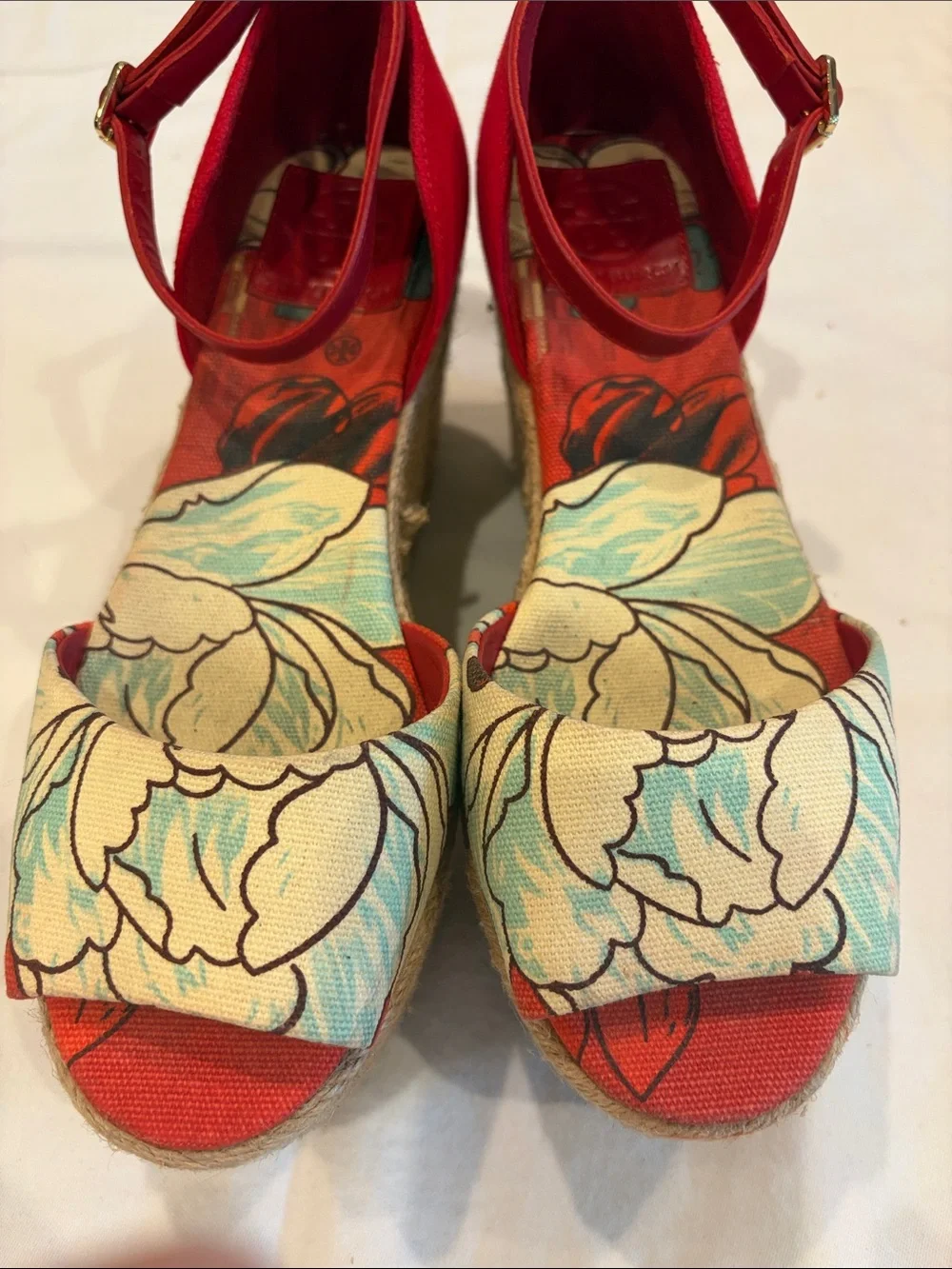 Tory Burch Red Floral Espadrille Wedge Sandals - Women Sz 8.5